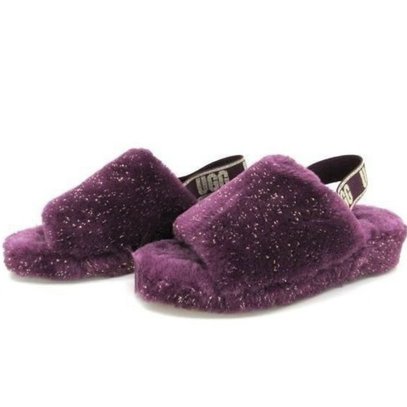 UGG Shoes - UGG Fluff Yeah Metallic Sparkle Slide Pinot Noir Purple Sheepskin Slippers Sz 11
